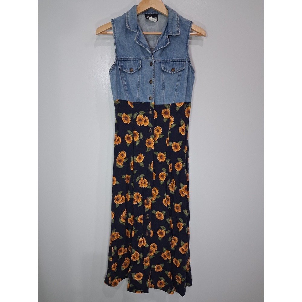 Be Smart Vintage 90s Sunflower Denim Mixed Media Maxi Dress Womens 9/10 Made USA